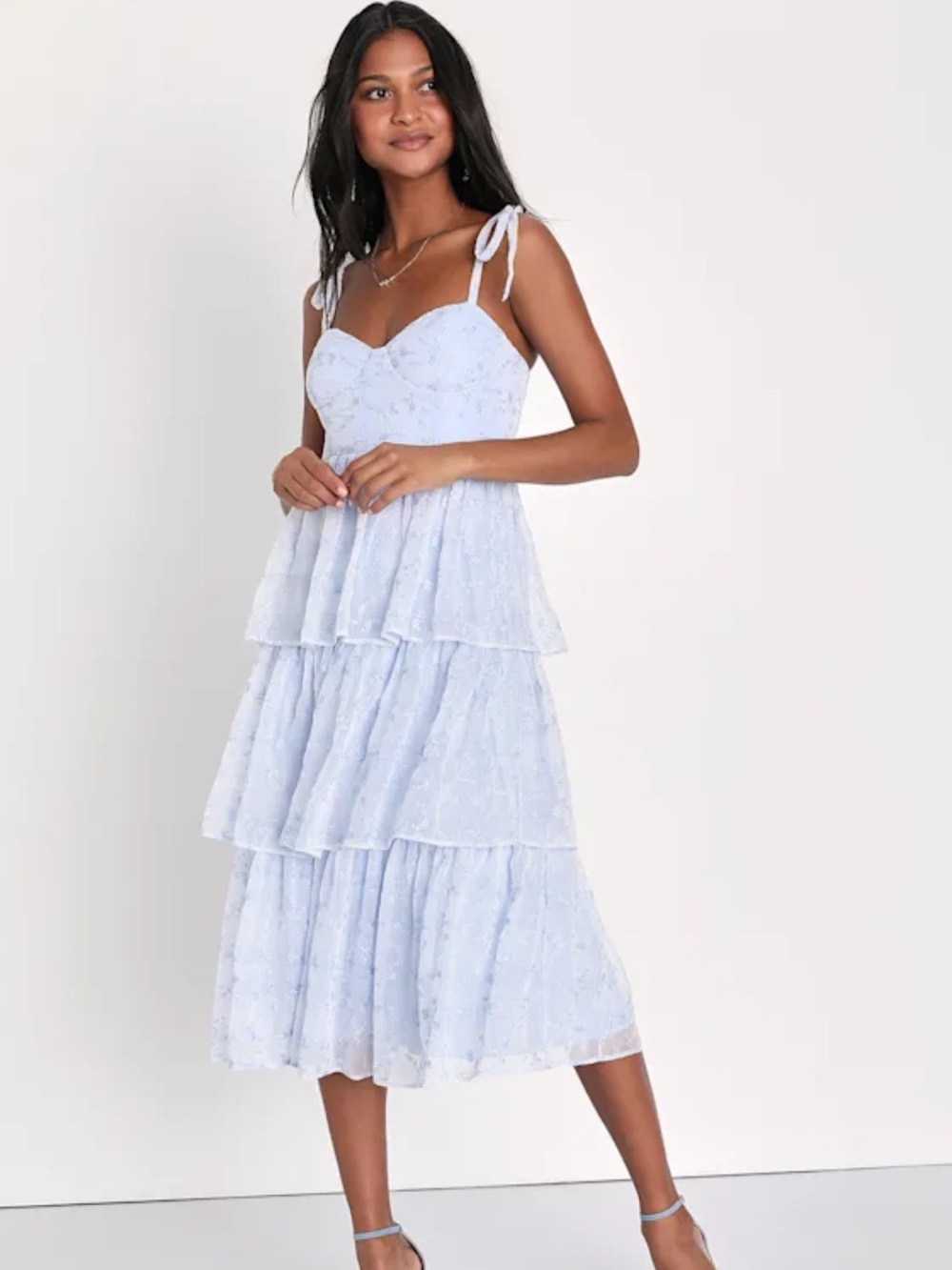Lulu's Light Blue Tiered Eyelet Midi Dress with Tie Straps
